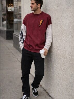 Monsieur Rebel Lightning Bolt Crewneck Burgundy Graphic Streetwear Men’s Large